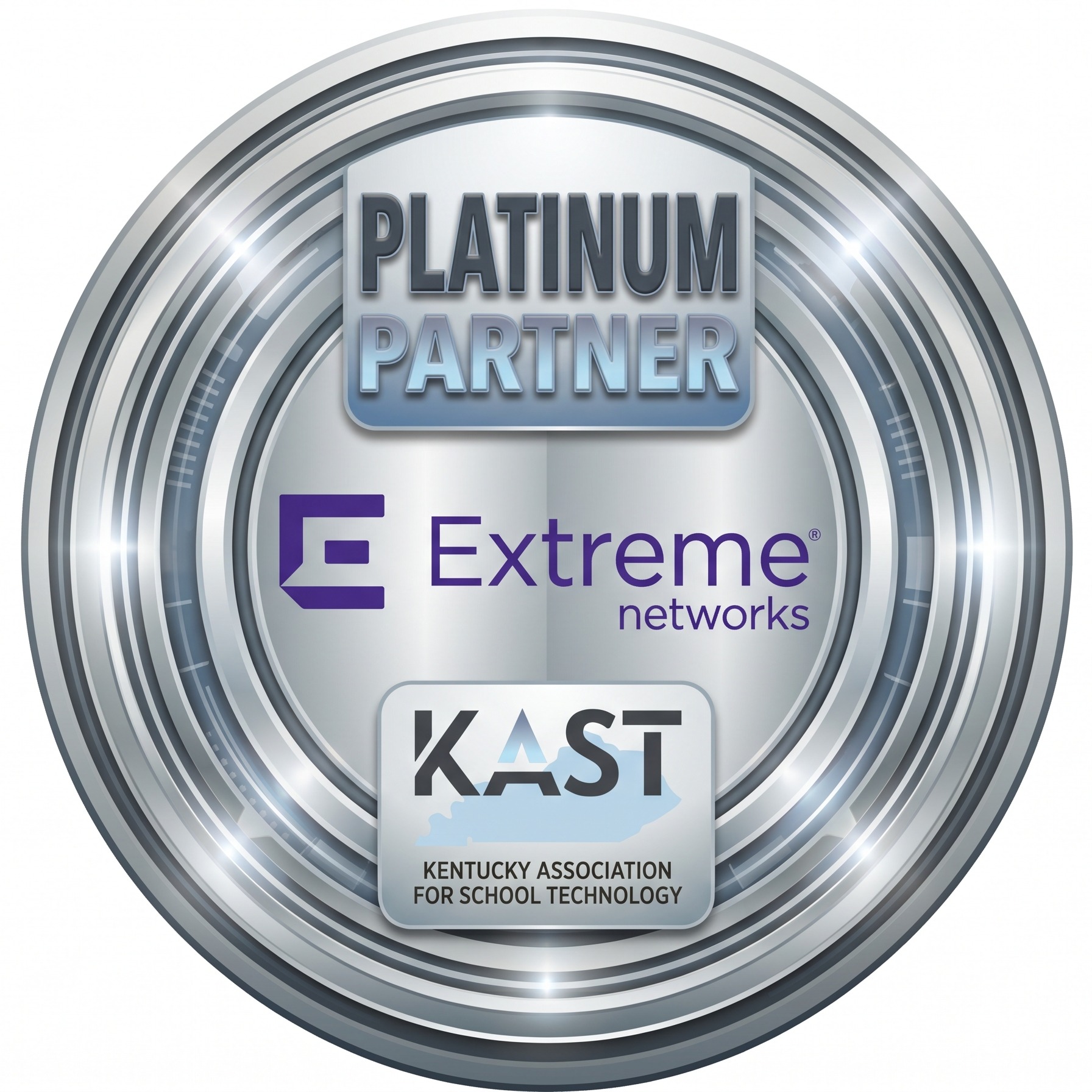 A circular, metallic badge features "Platinum Partner" text with "Extreme Networks" and "KAST" logos. The background is plain white.