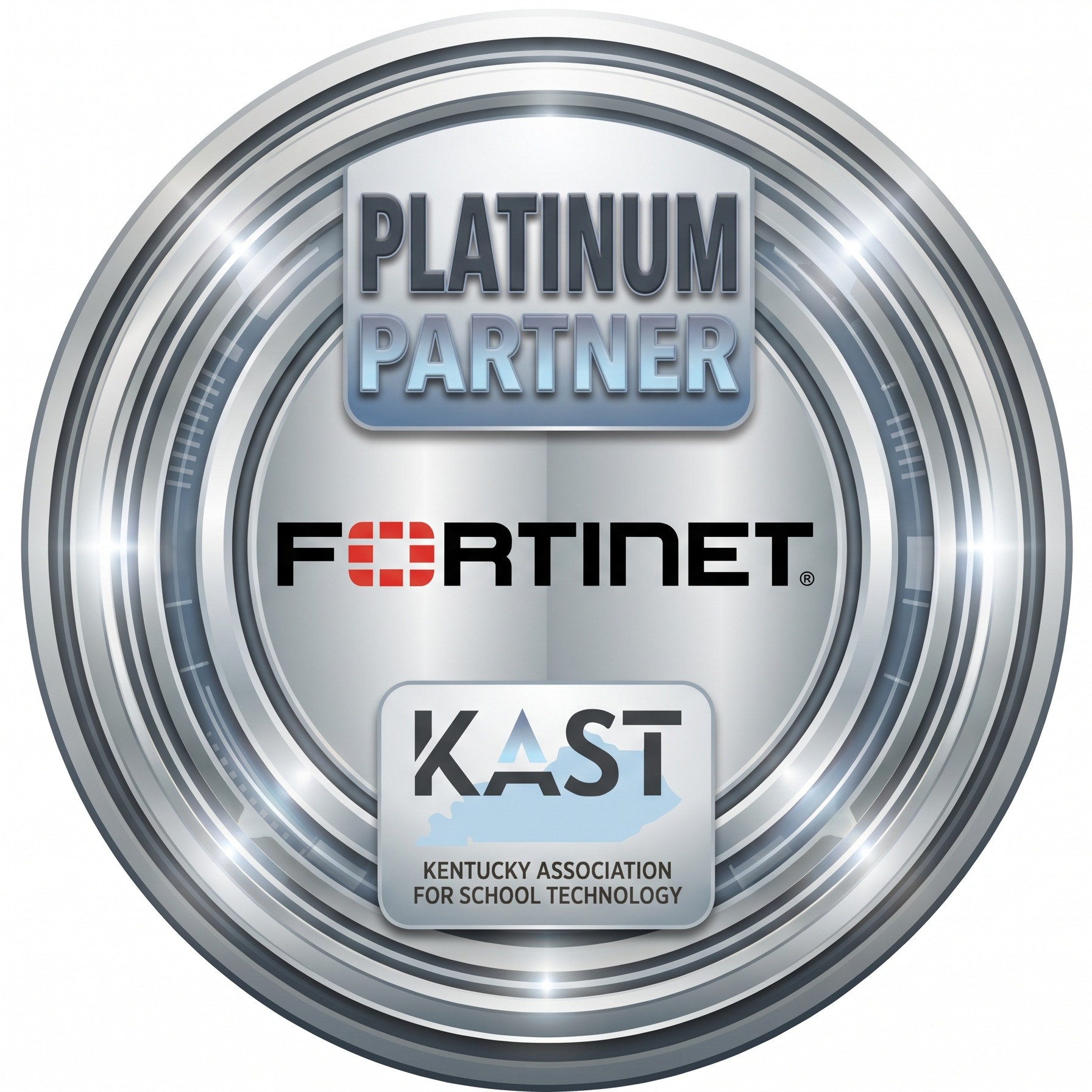 A metallic logo with "Platinum Partner" and "FORTINET" in bold, set against a white background with a silver outline.