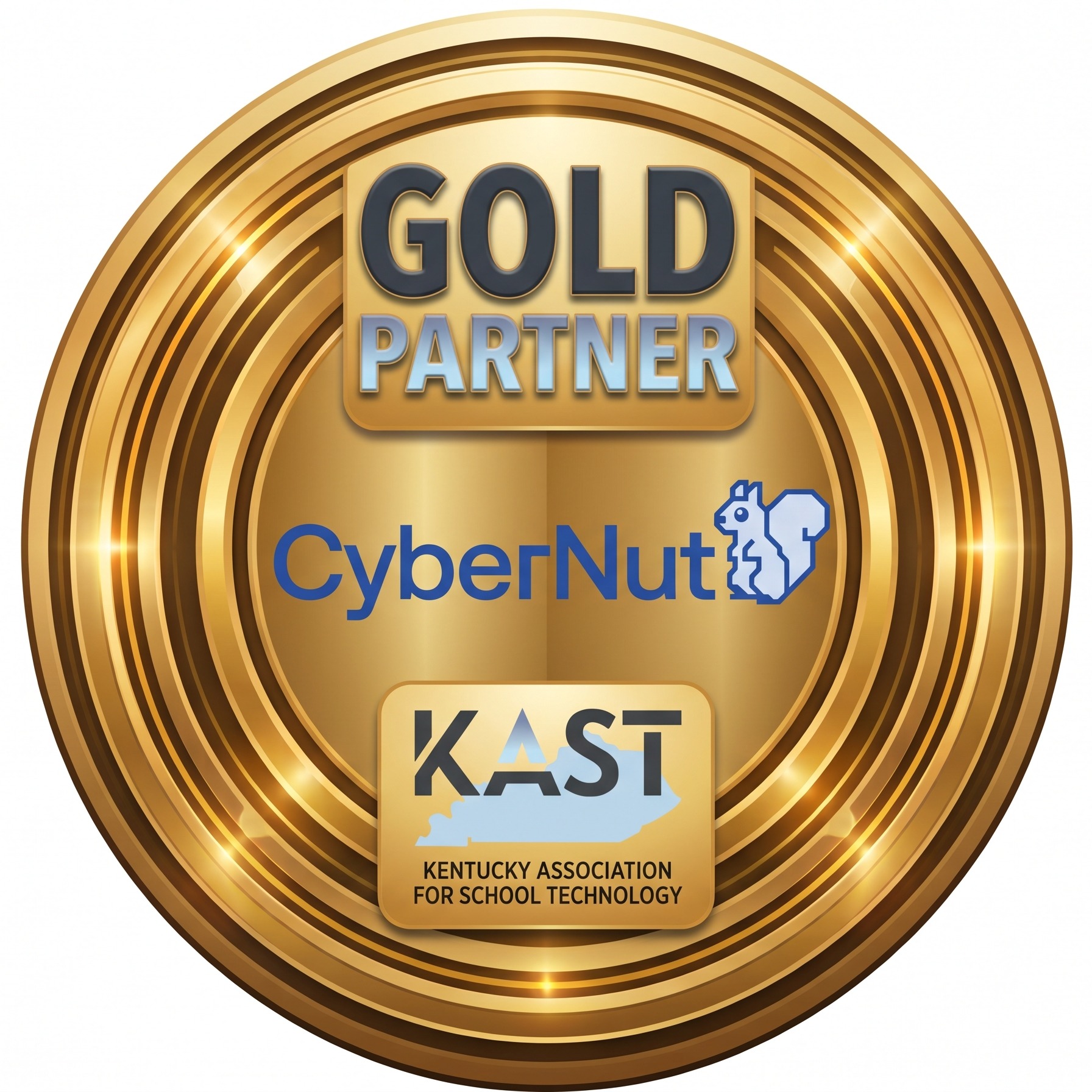 Gold circular award with "GOLD PARTNER" in gold, featuring CyberNut logo and KAST name, against a white background.