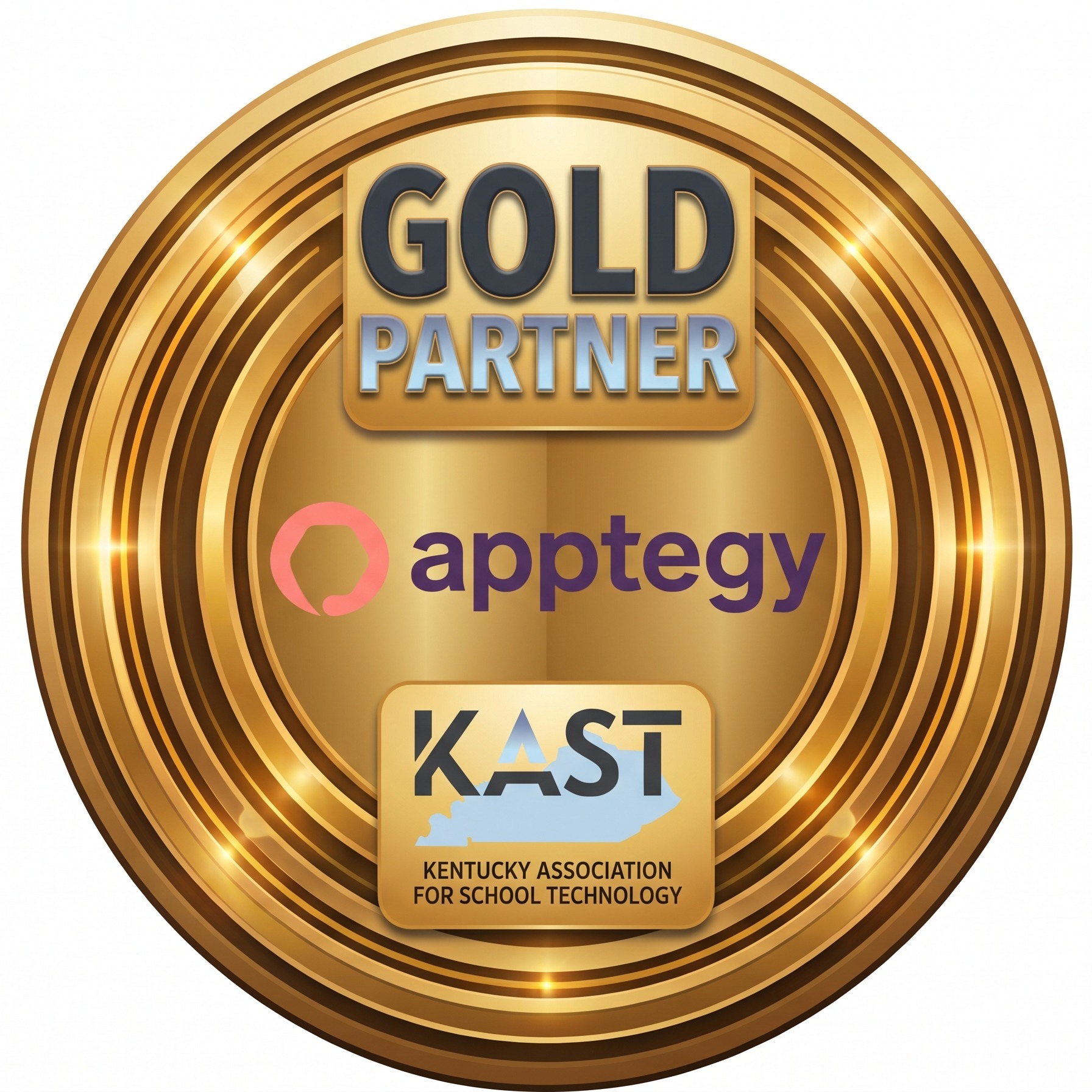 A golden circular badge reads "GOLD PARTNER" and features logos for Apptegy and KAST. The badge has a shiny, reflective surface.