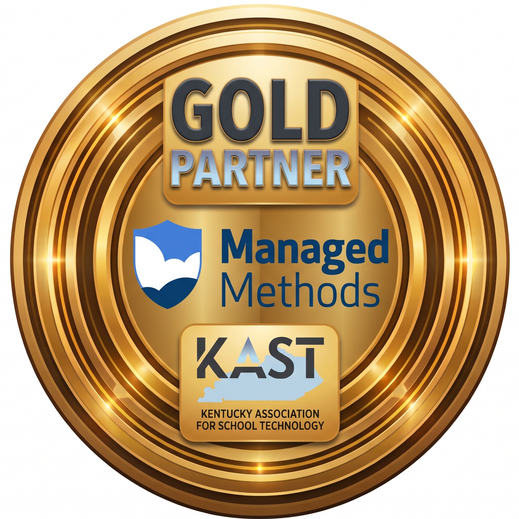 Gold circular emblem with "GOLD PARTNER" text and logos for Managed Methods and KAST on white background.