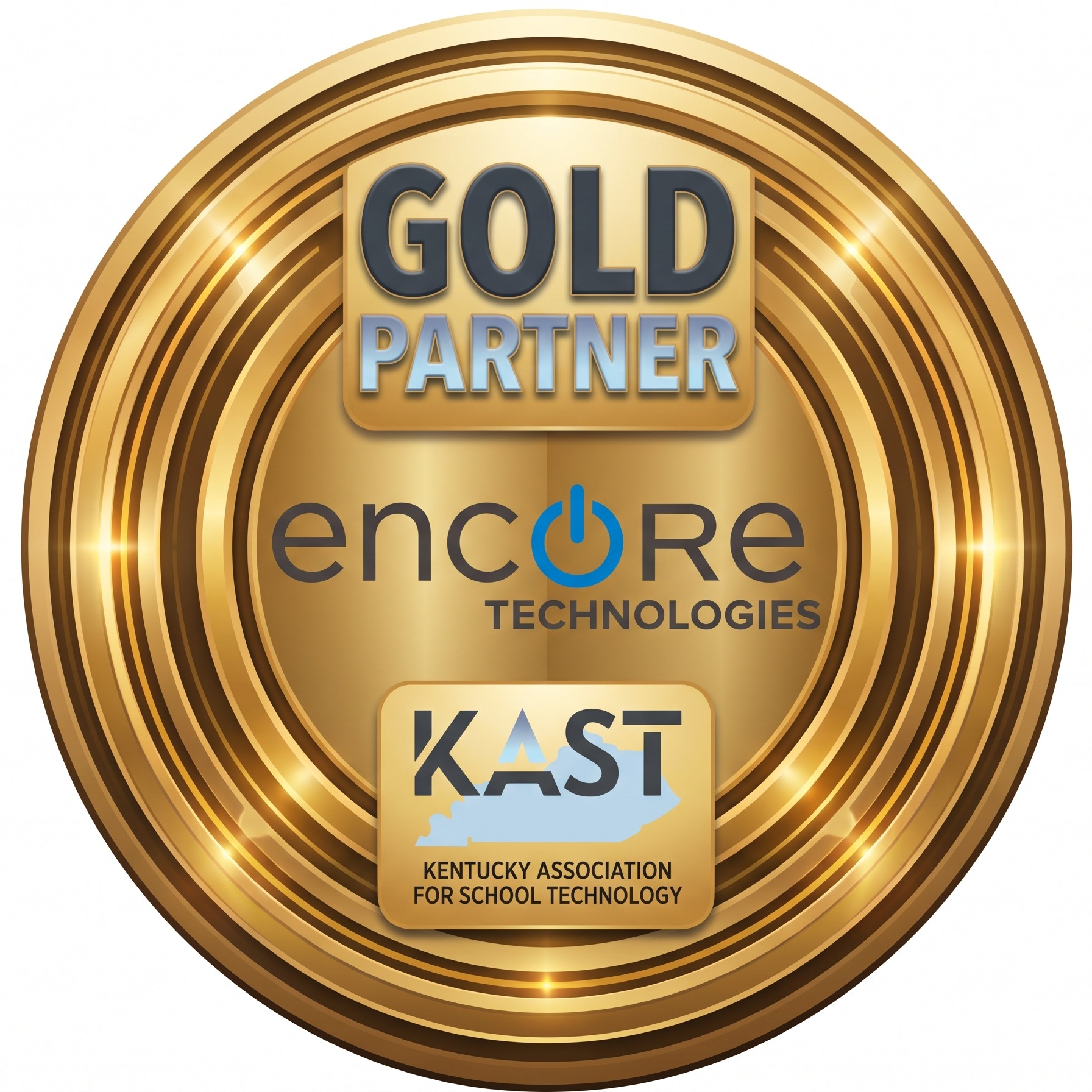 A shiny gold medal reads "GOLD PARTNER" with "encore TECHNOLOGIES" below it. The logo for KAST is present.