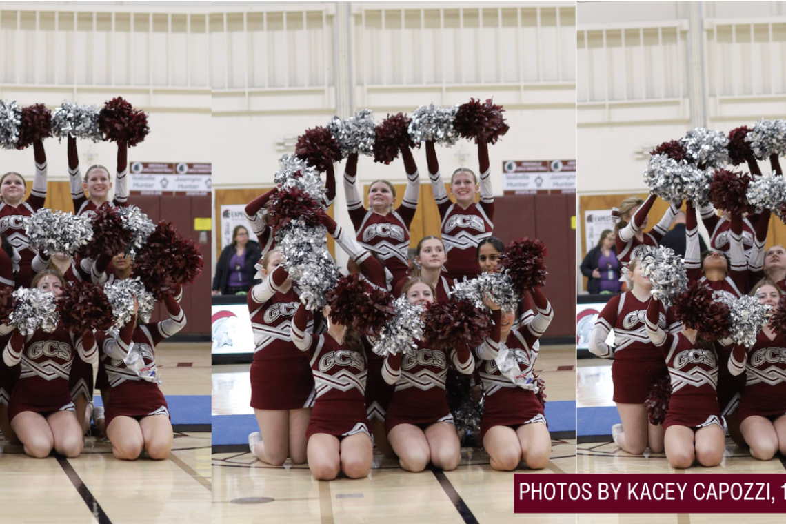 Three panels show cheerleaders in maroon uniforms holding silver pom-poms. They are in a gym.