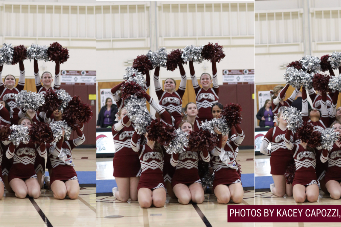 Three photos of cheerleaders posing, holding pom-poms, wearing maroon uniforms, on a basketball court.