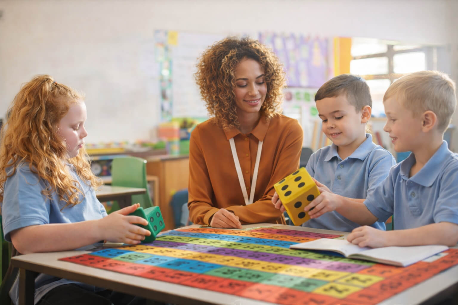 A teacher and three young children seated around a table with a colorful educational mat.