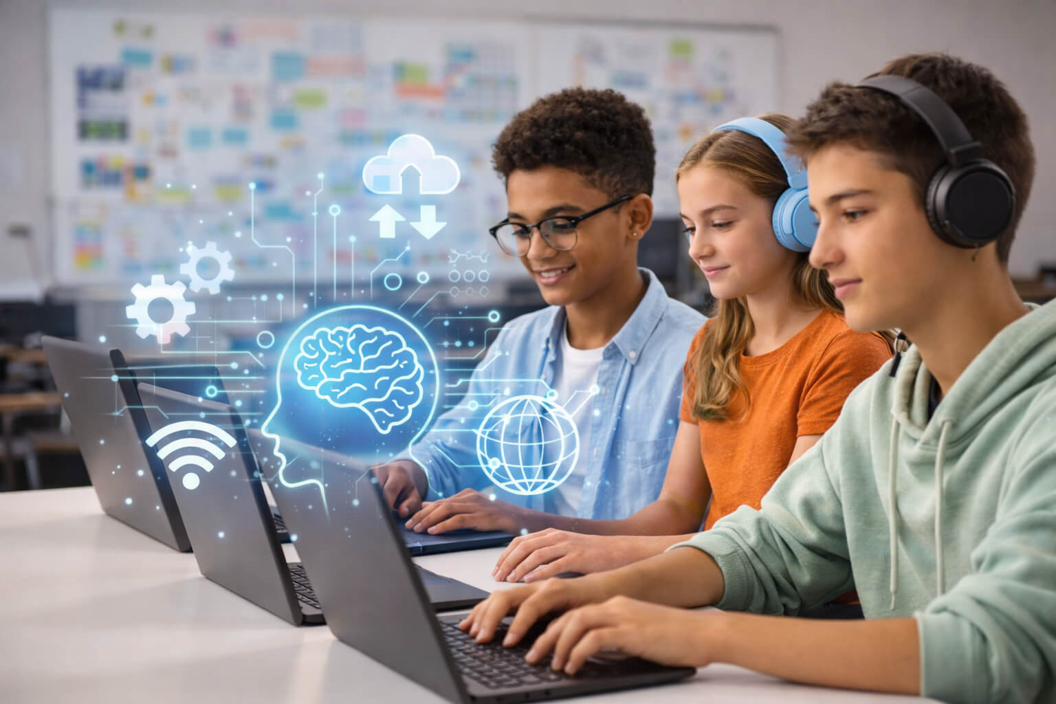 Three students at a table, each using laptops. Digital icons, including a brain and Wi-Fi symbols, overlay the scene.