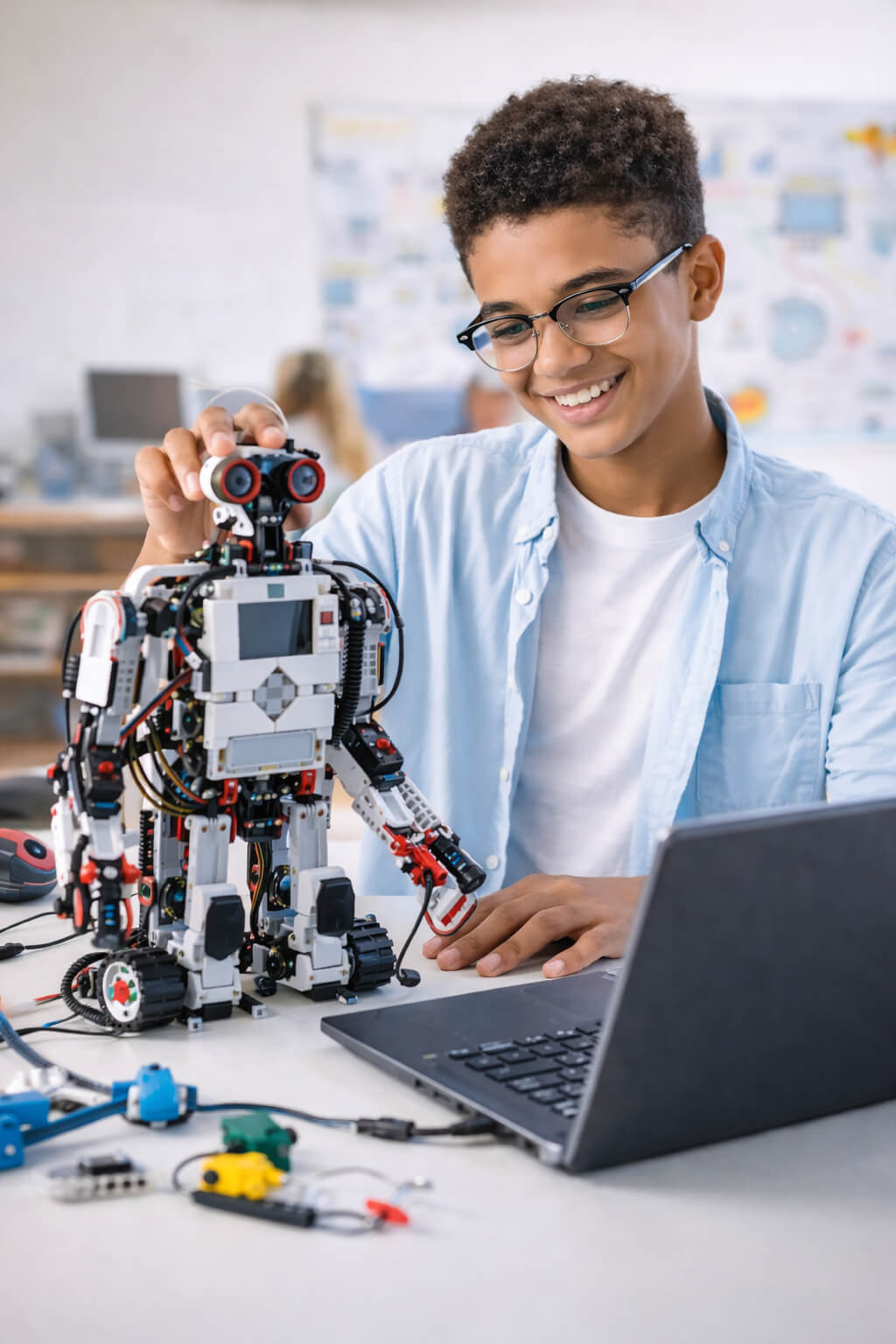A young person adjusts a robot on a desk, smiling and surrounded by various electronic parts.