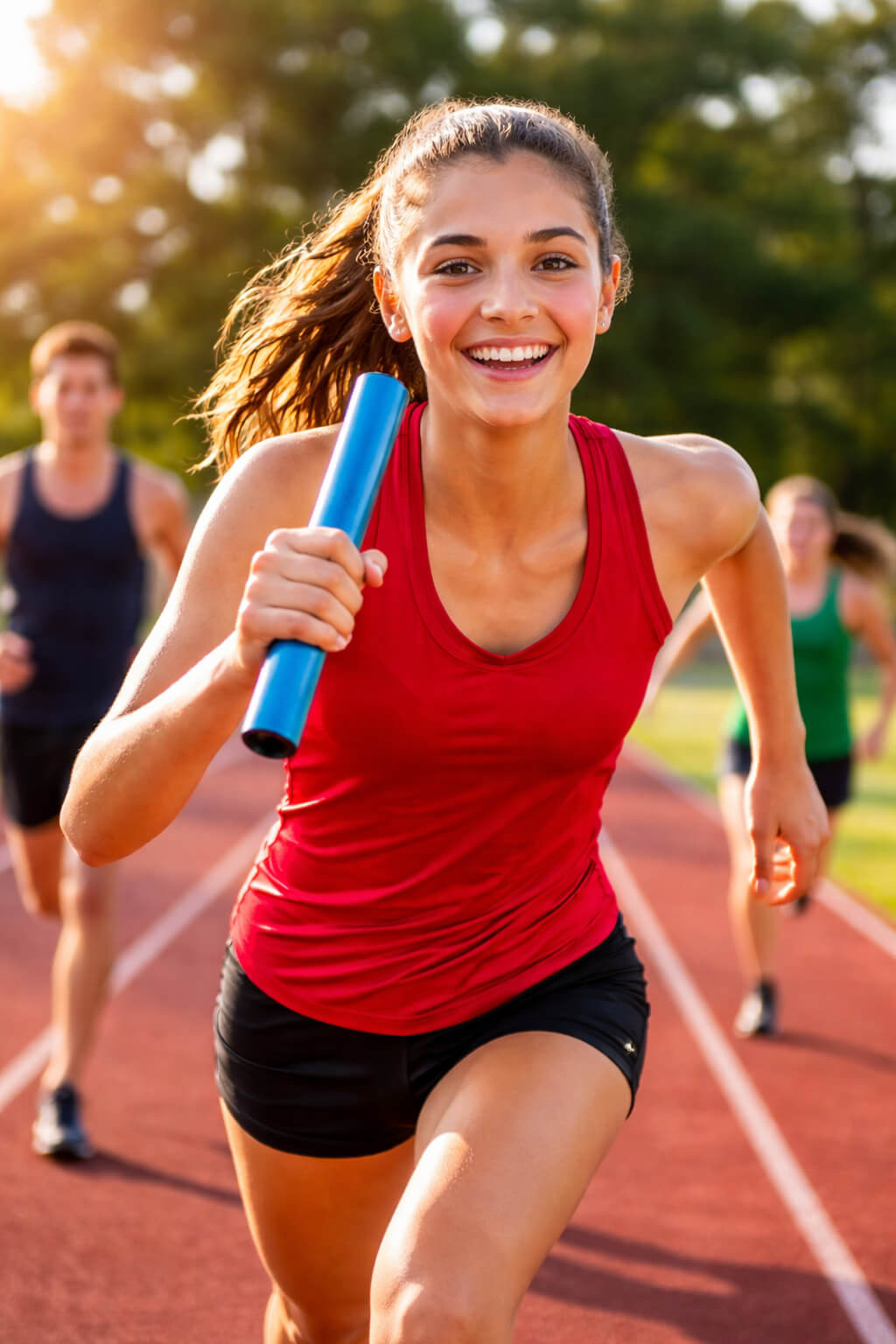 A woman runs on a track with a blue baton, smiling. Behind her, two others run, one in a green shirt. Trees and sunlight in the background.