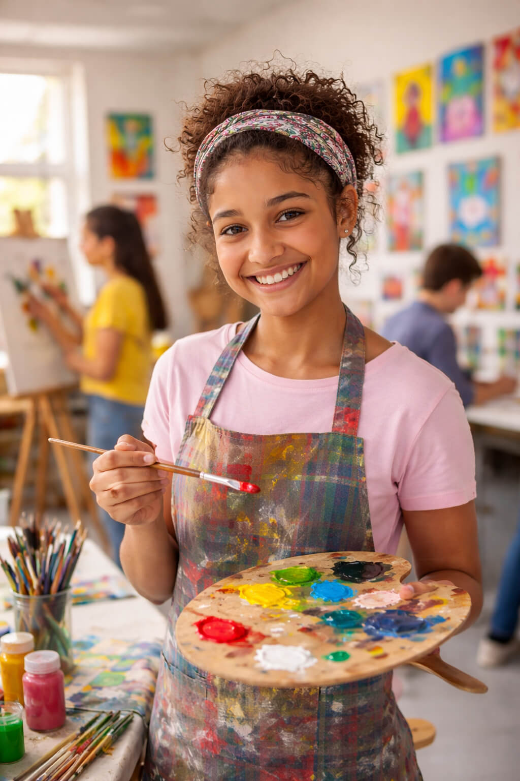 A young person wearing a paint-stained apron holds a palette with many colors. They smile. Behind them, other people work at art projects.
