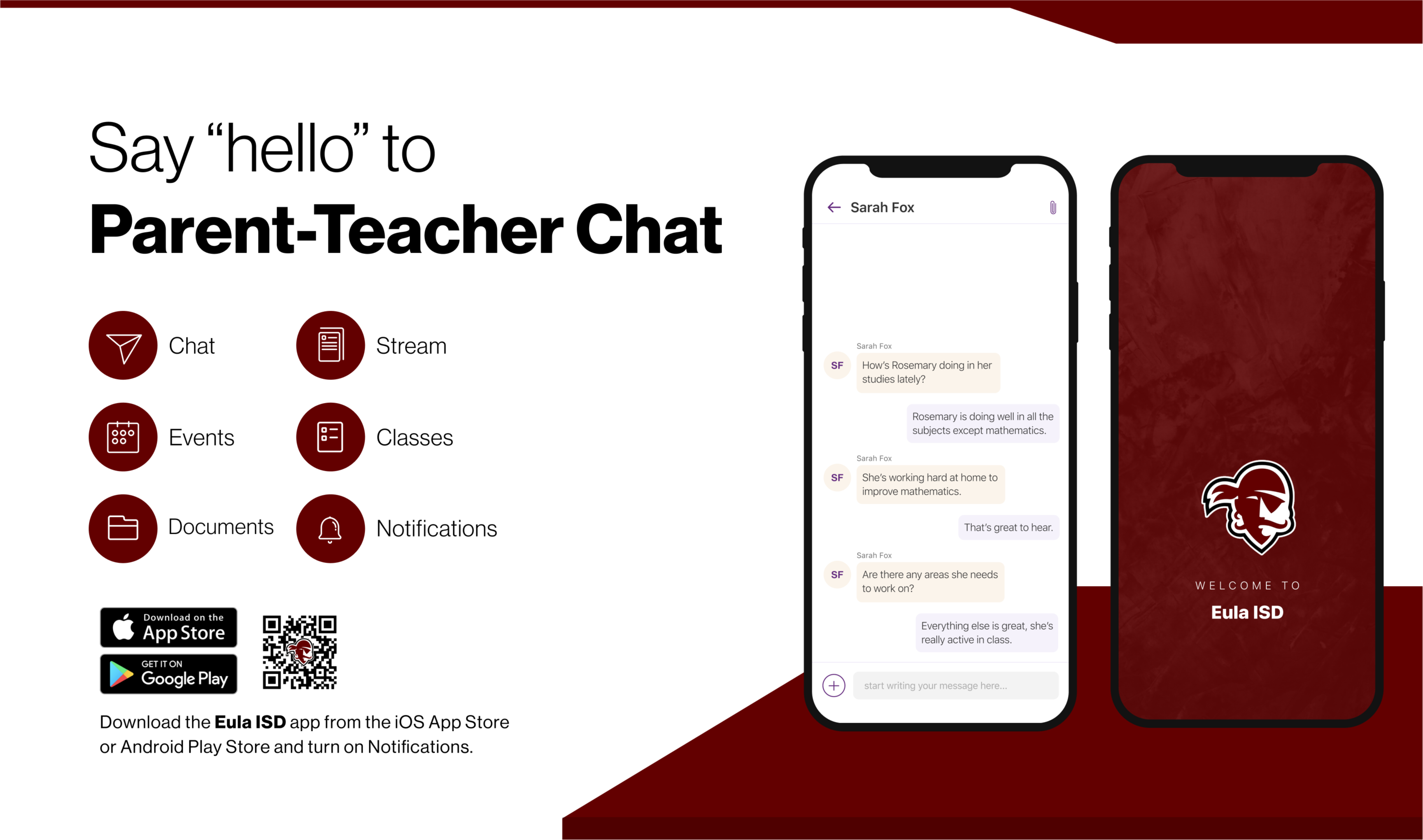 Say hello to Parent-Teacher chat in the new Rooms app. Download the Eula Independent School District app in the Google Play or Apple App store