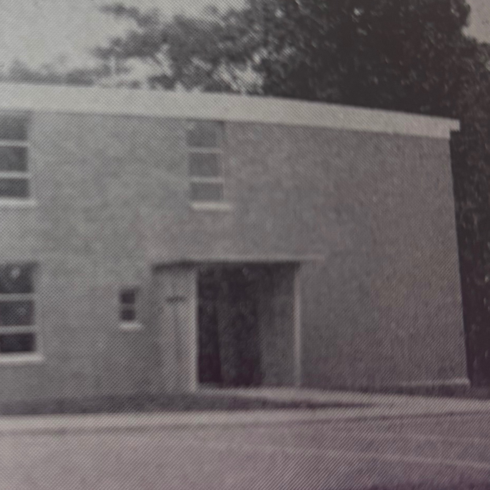 A black and white image of St. Vincent de Paul Parochial School, a building with multiple windows, and a tree.