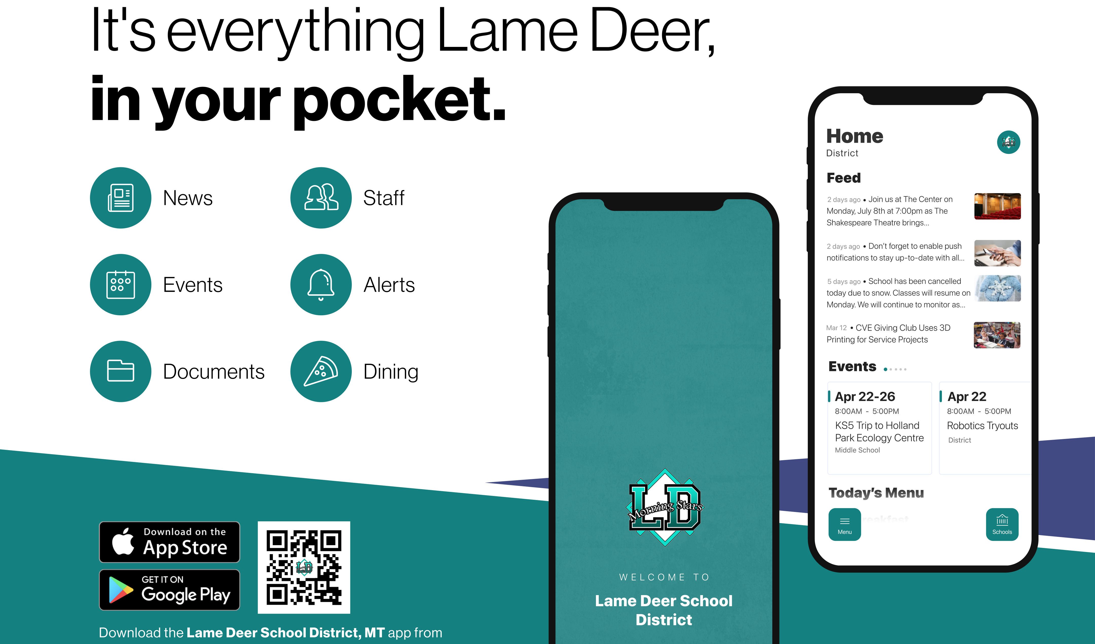 Advertisement for Lame Deer's mobile app. Links to the app store can be found in the footer below
