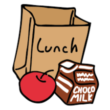 Food for lunch. An apple, chocolate milk and a brown paper bag 