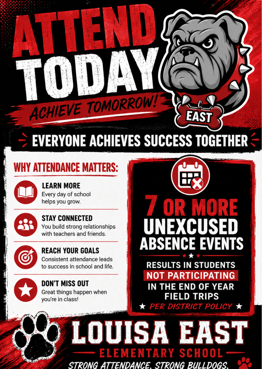 Poster with red and black background. It reads "Attend Today, Achieve Tomorrow!" and "Everyone Achieves Success Together".
