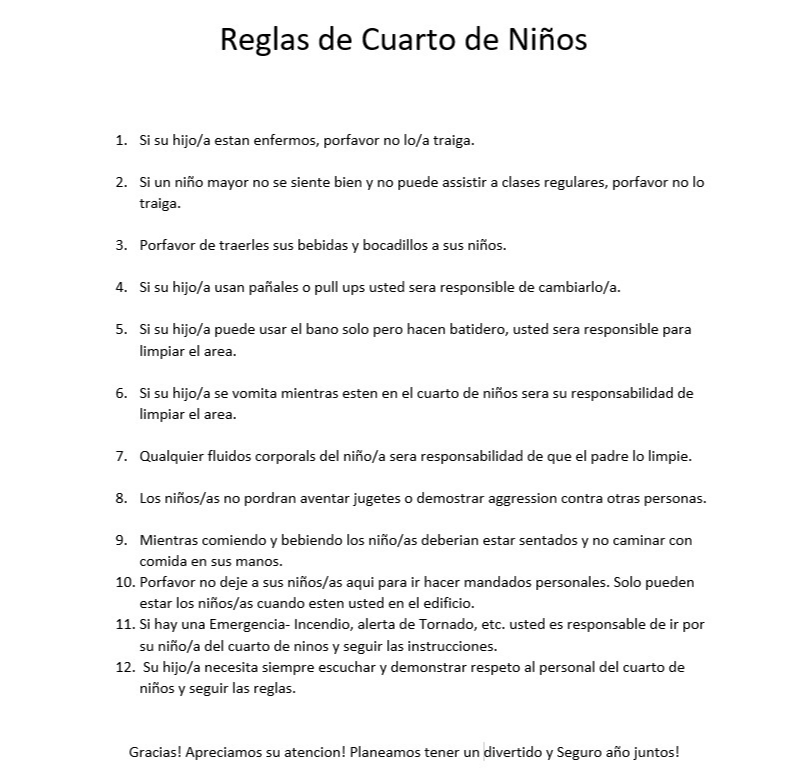 Reglas de Cuarto de Niños  Printable version link at top of page