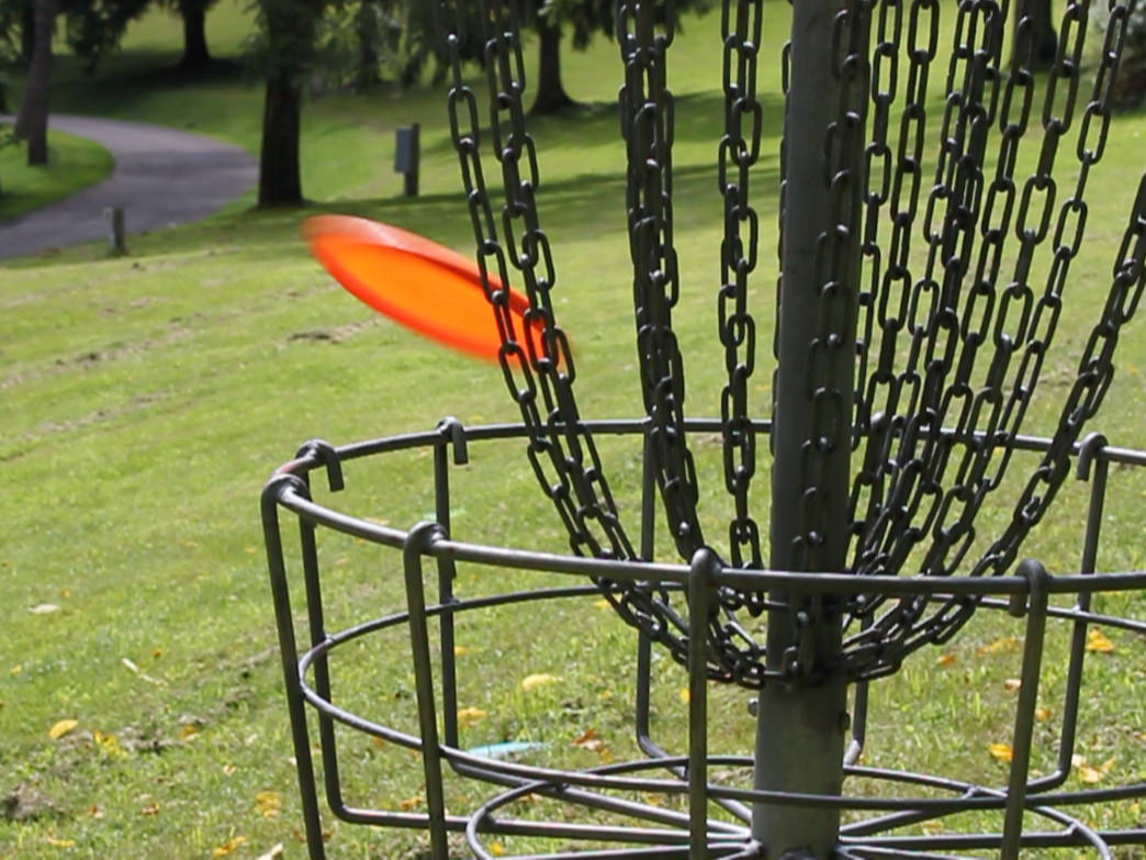 A photo of  a disc golf basket.