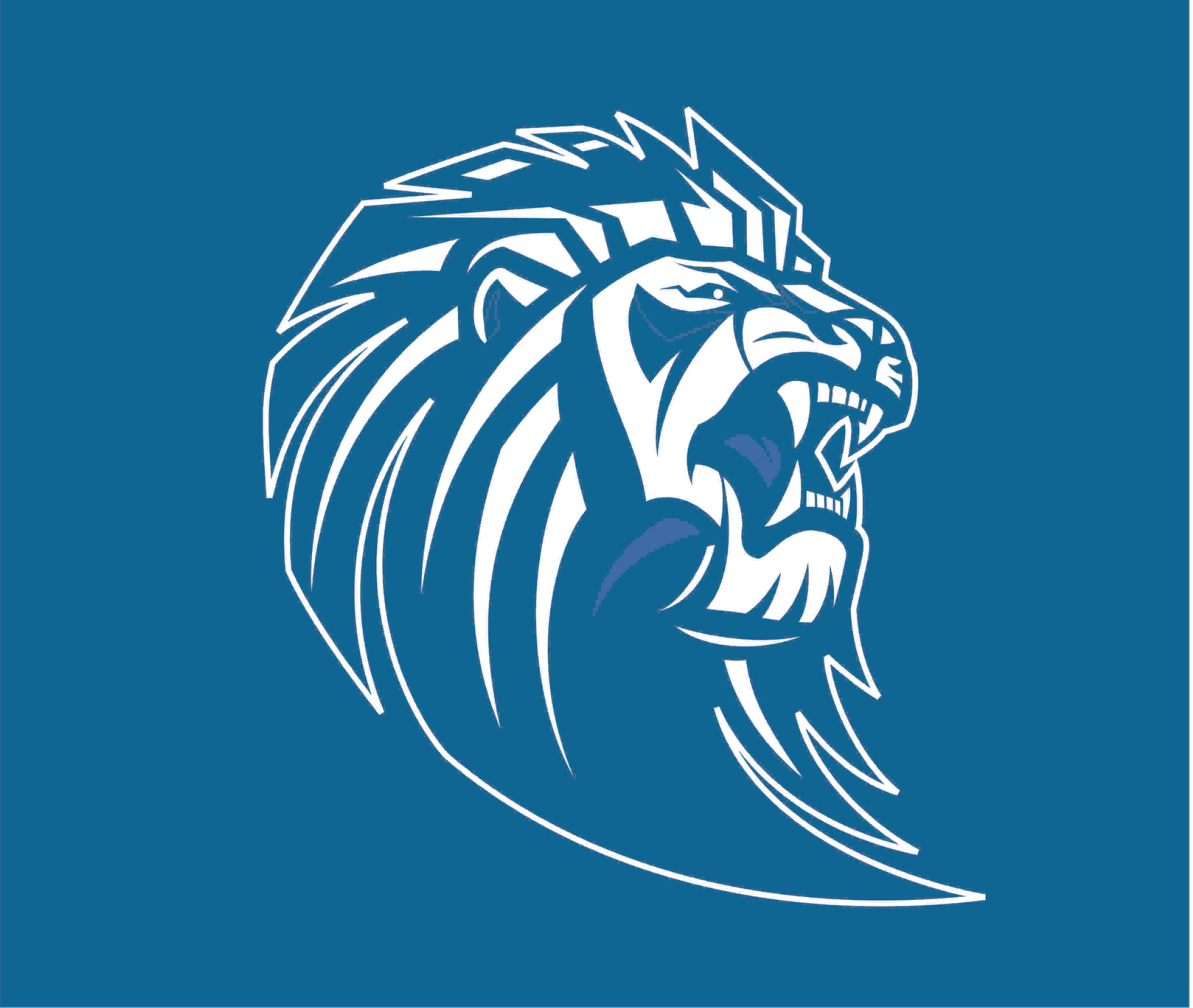 Different variations of the school's logo Blue background with white lion.