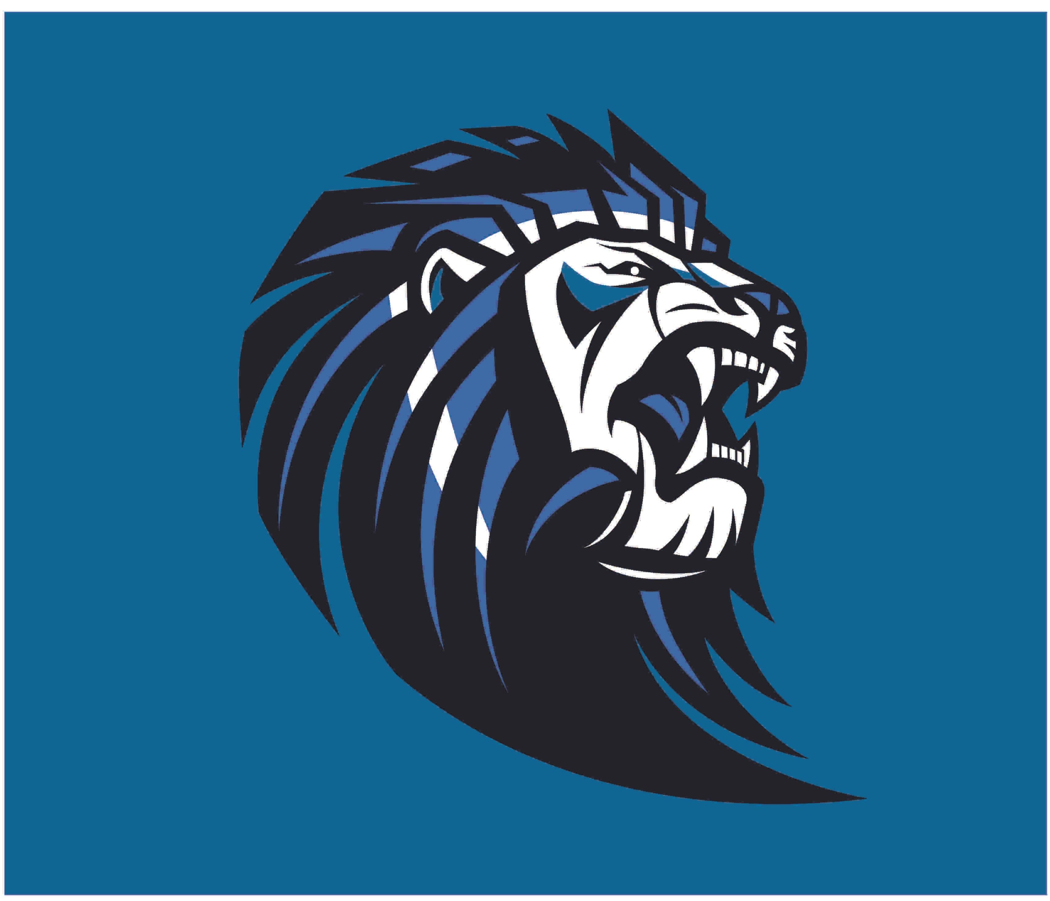 Different variations of the school's logo. Blue background with black and white lion.