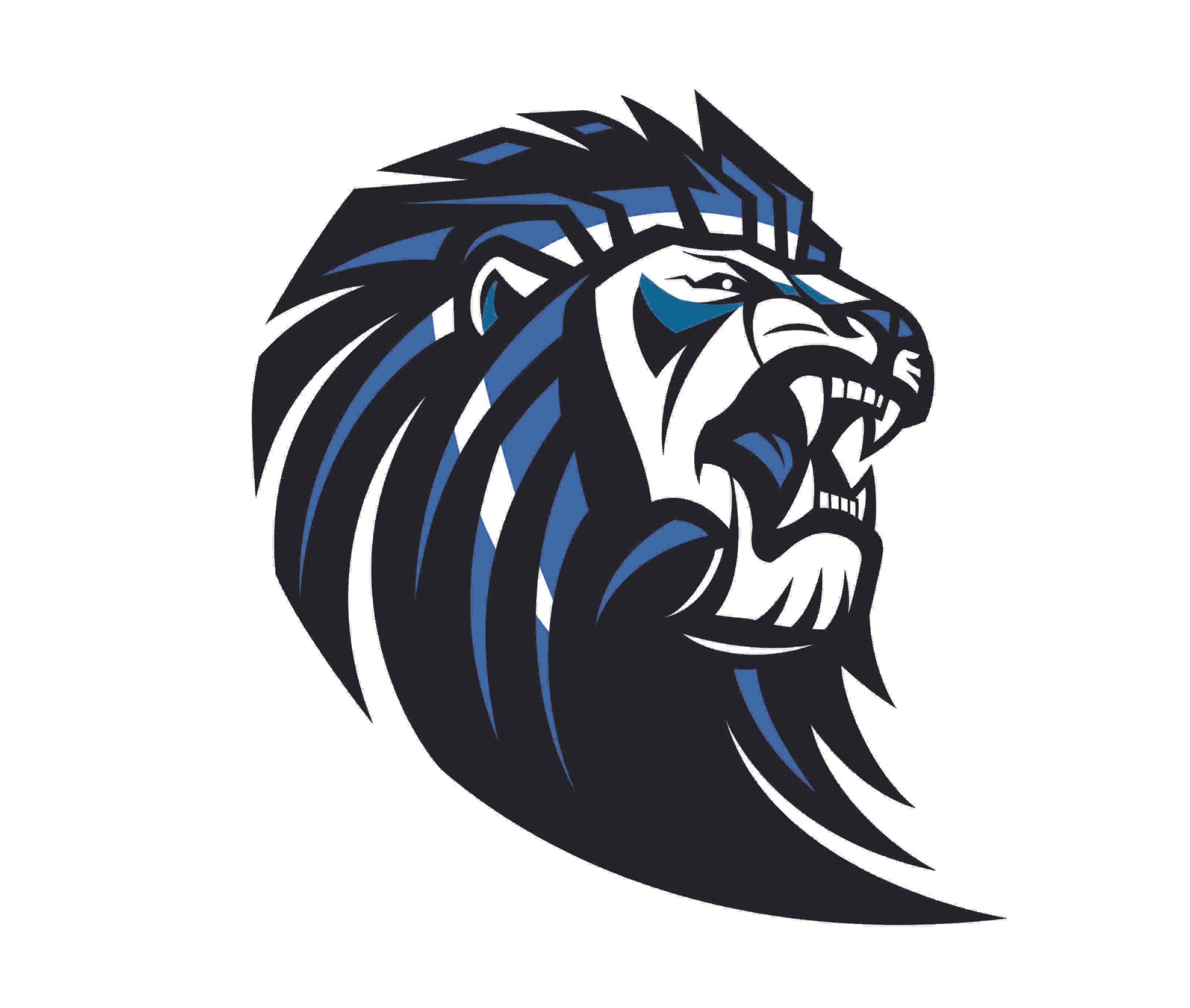 Different variations of the school's logo White background with blue, black and white lion.