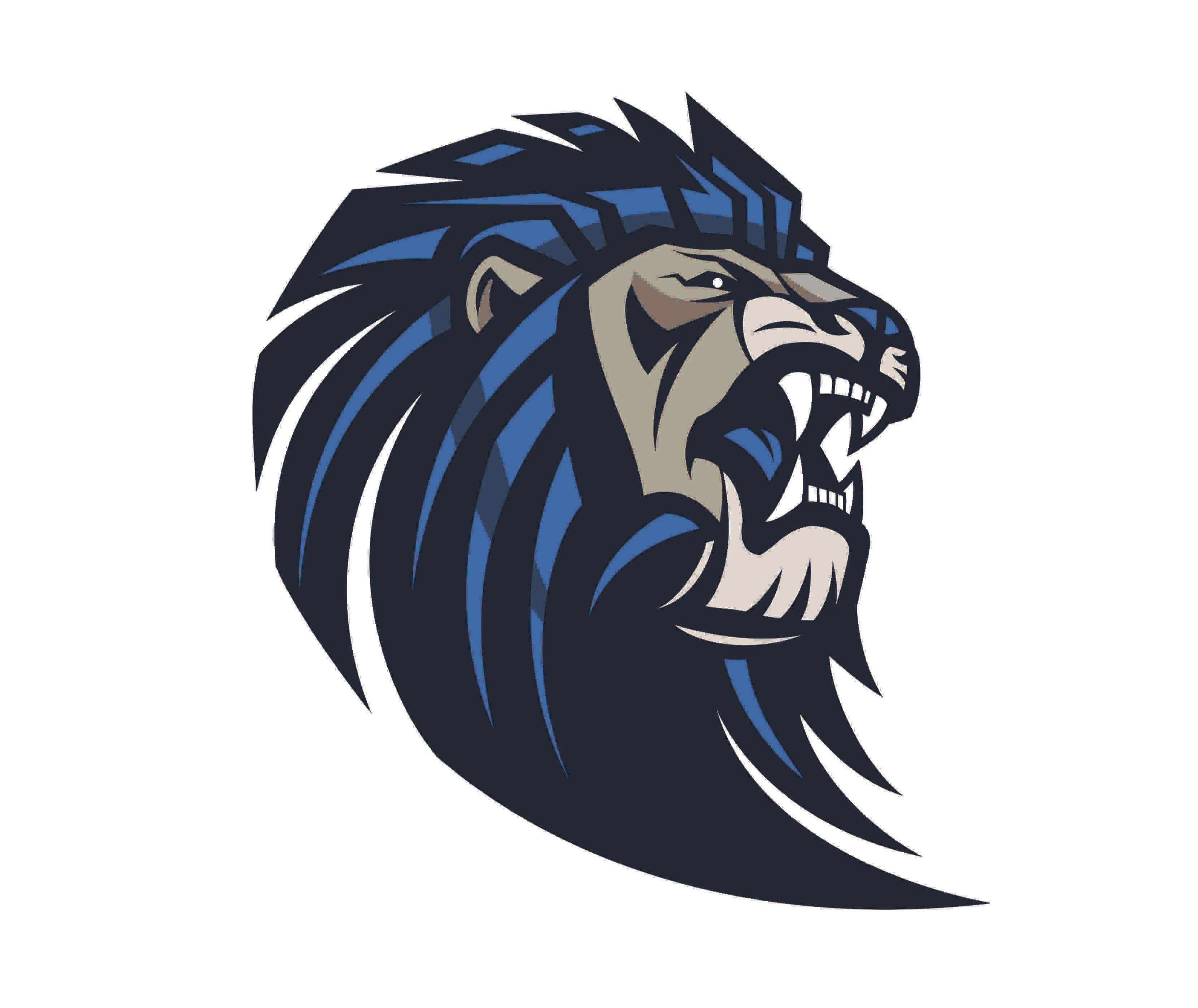 Different variations of the school's logo. White background with blue, black, grey and white lion.