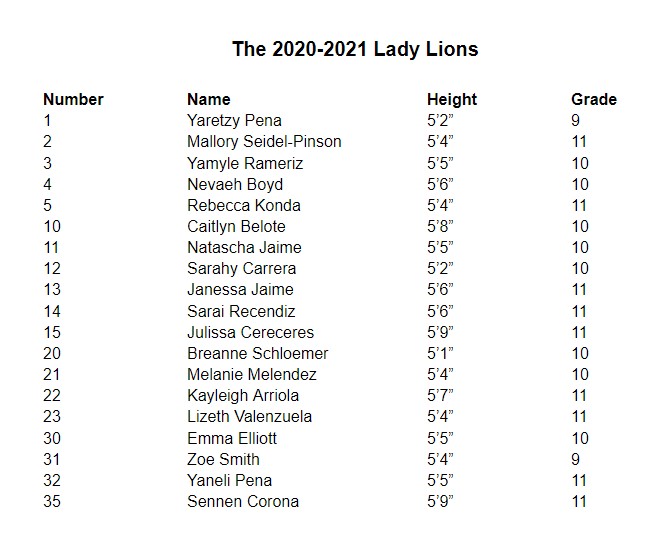 The 2020-2021 Lady Lions
