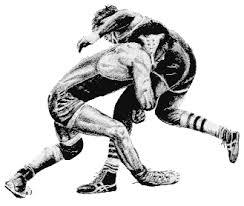 A drawing of two people wrestling