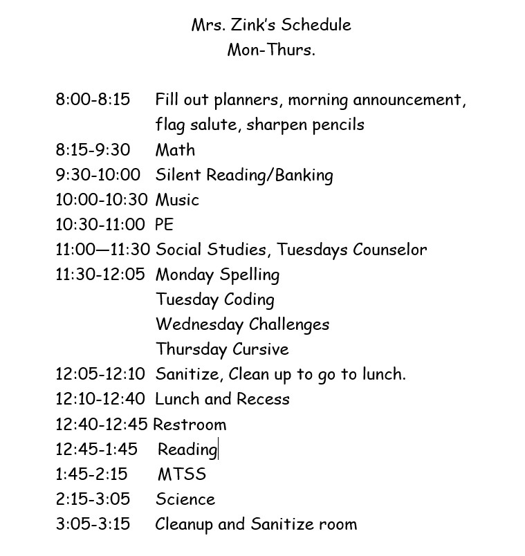 Zink Schedule