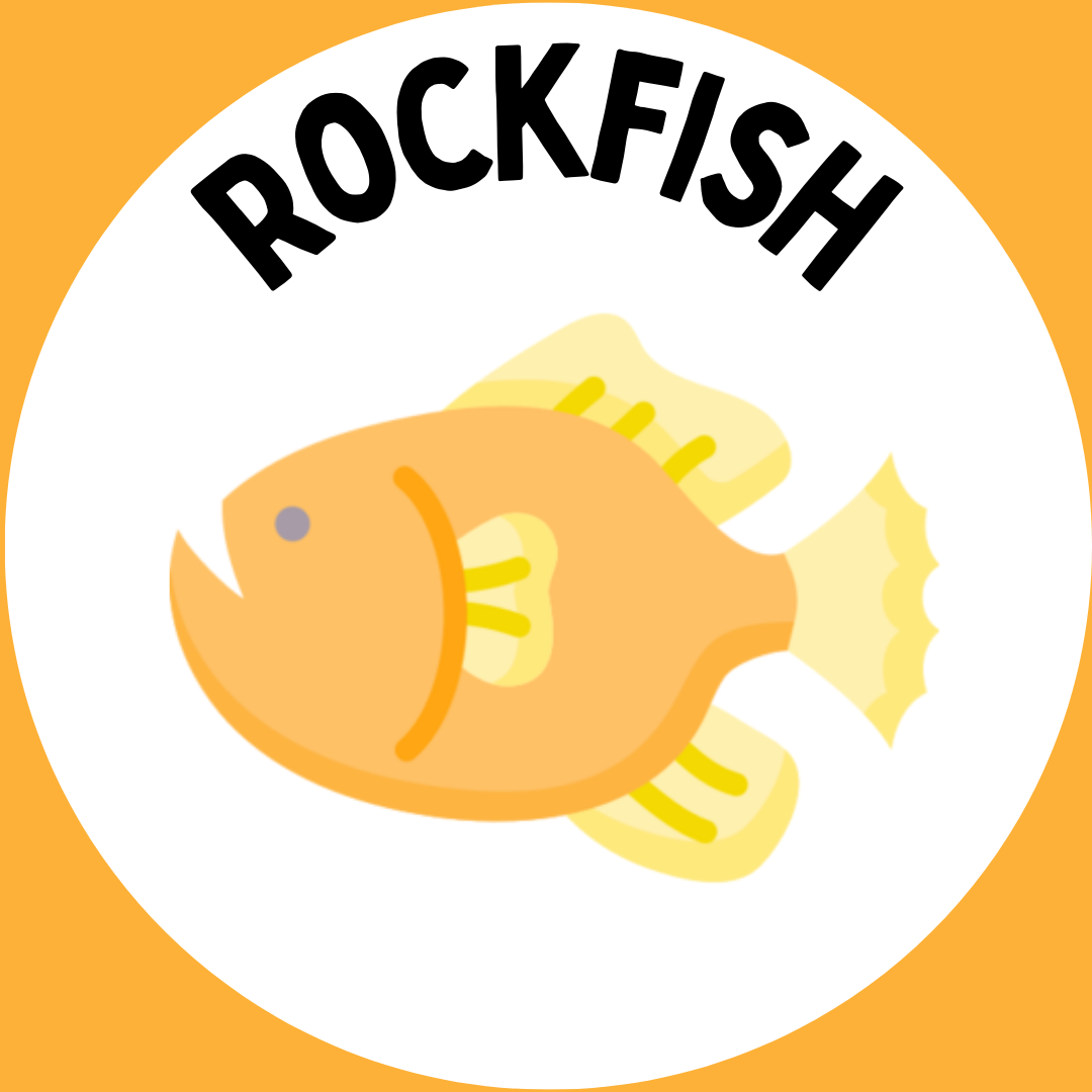 "Rockfish" with a picture of an orange fish underneath