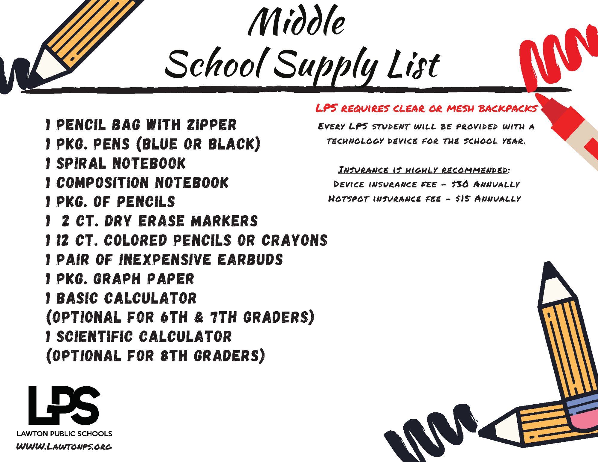 Middle School Supply List