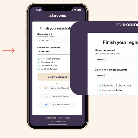 Next, finish your registration by creating a password unique to edurooms or log in with Google, Microsoft, etc.   You’ll use the same email address and password to log in to Rooms in the   district app. 
