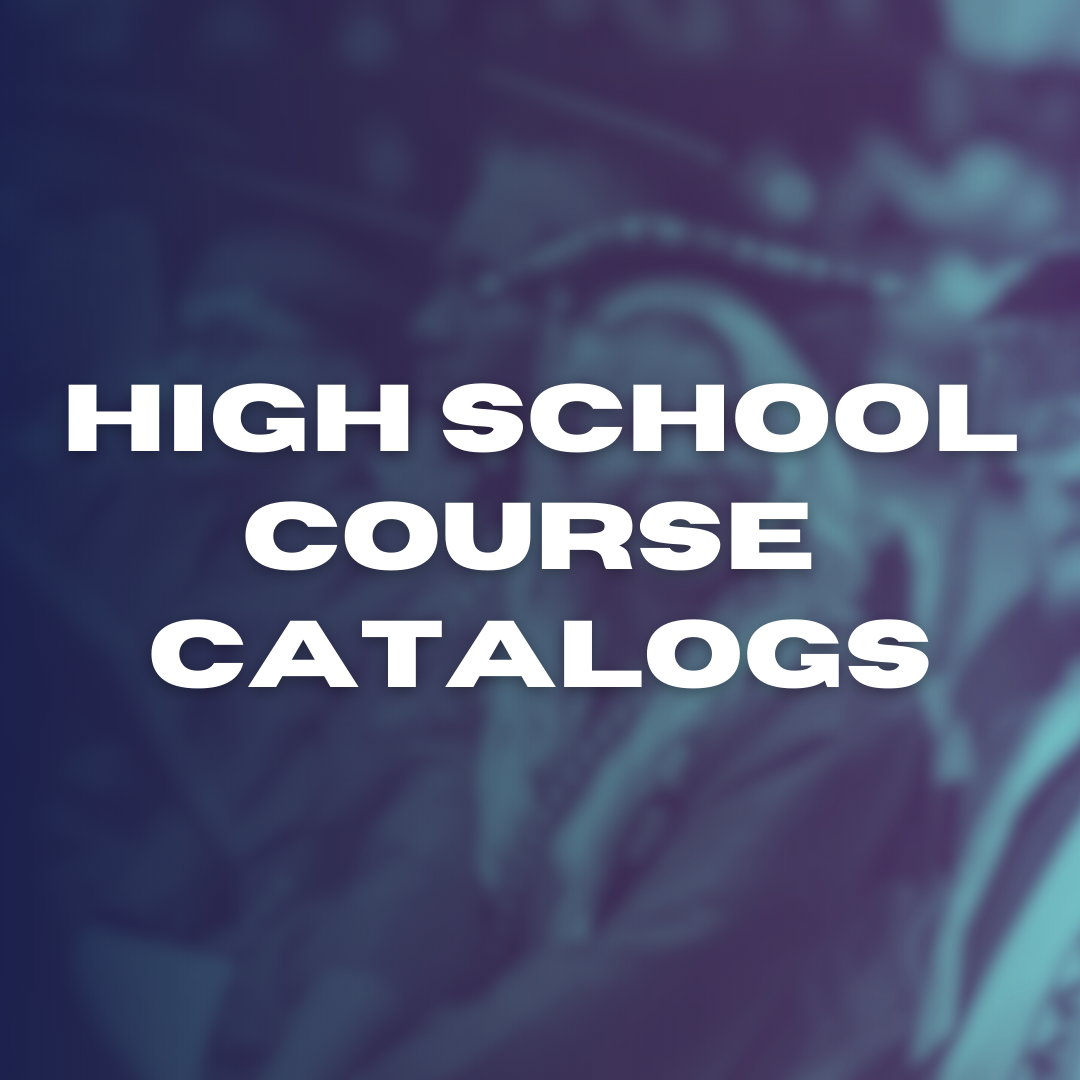 Purple background with white text reading "HIGH SCHOOL COURSE CATALOGS" and blurred students in the background.