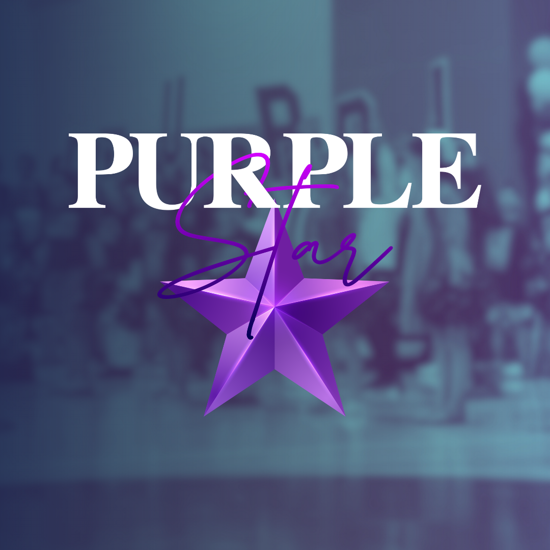 "Purple Star" in white text with a purple star in front on a blurred background.