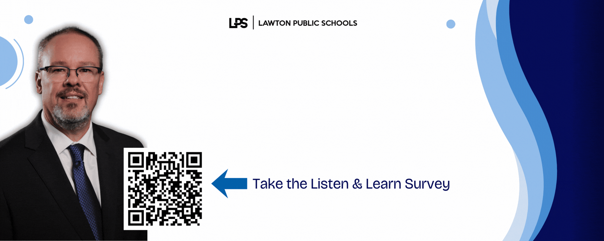 A man in a suit and tie, smiling, with a QR code for a survey displayed.
