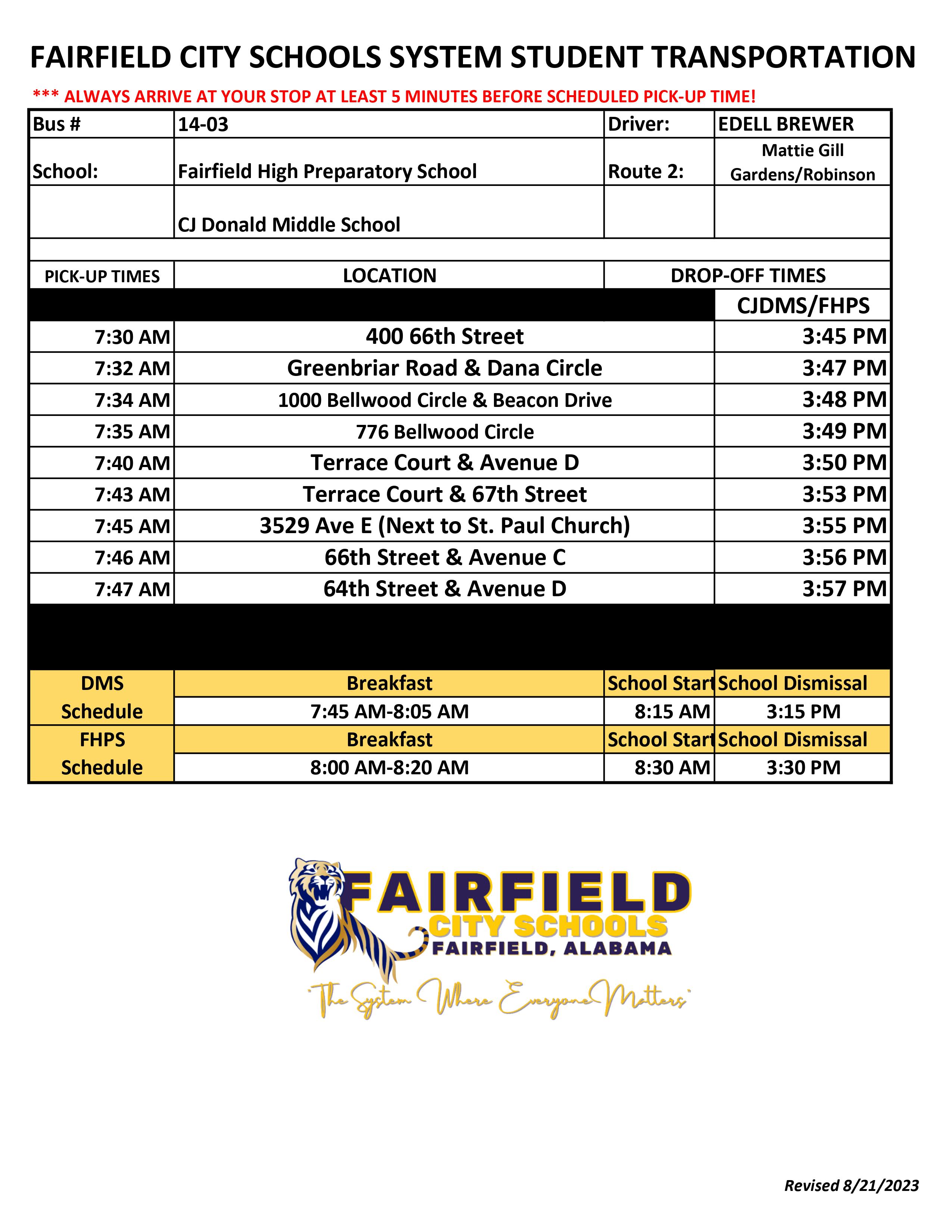 FHPS & CJ Donald Middle School Bus Routes