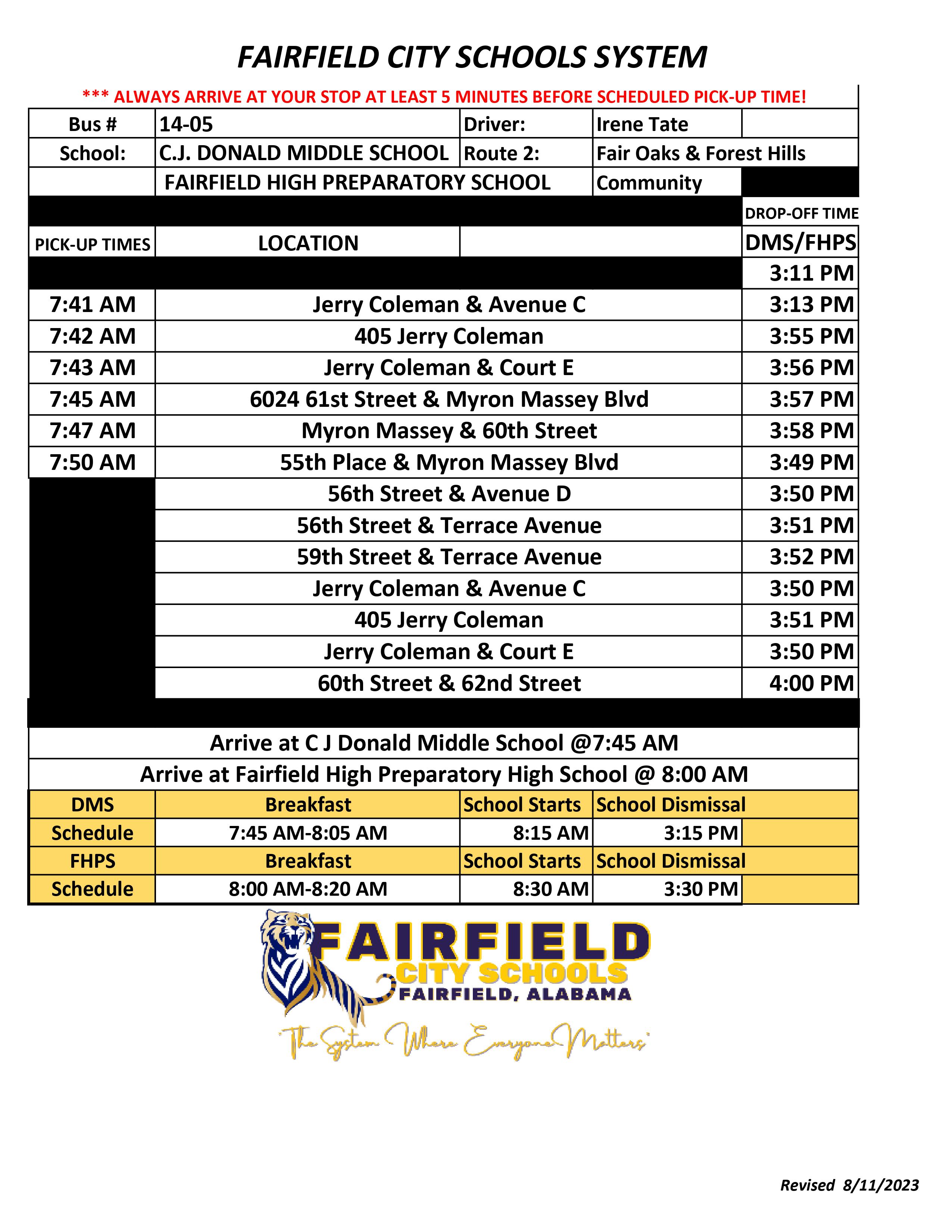 FHPS & CJ Donald Middle School Bus Routes