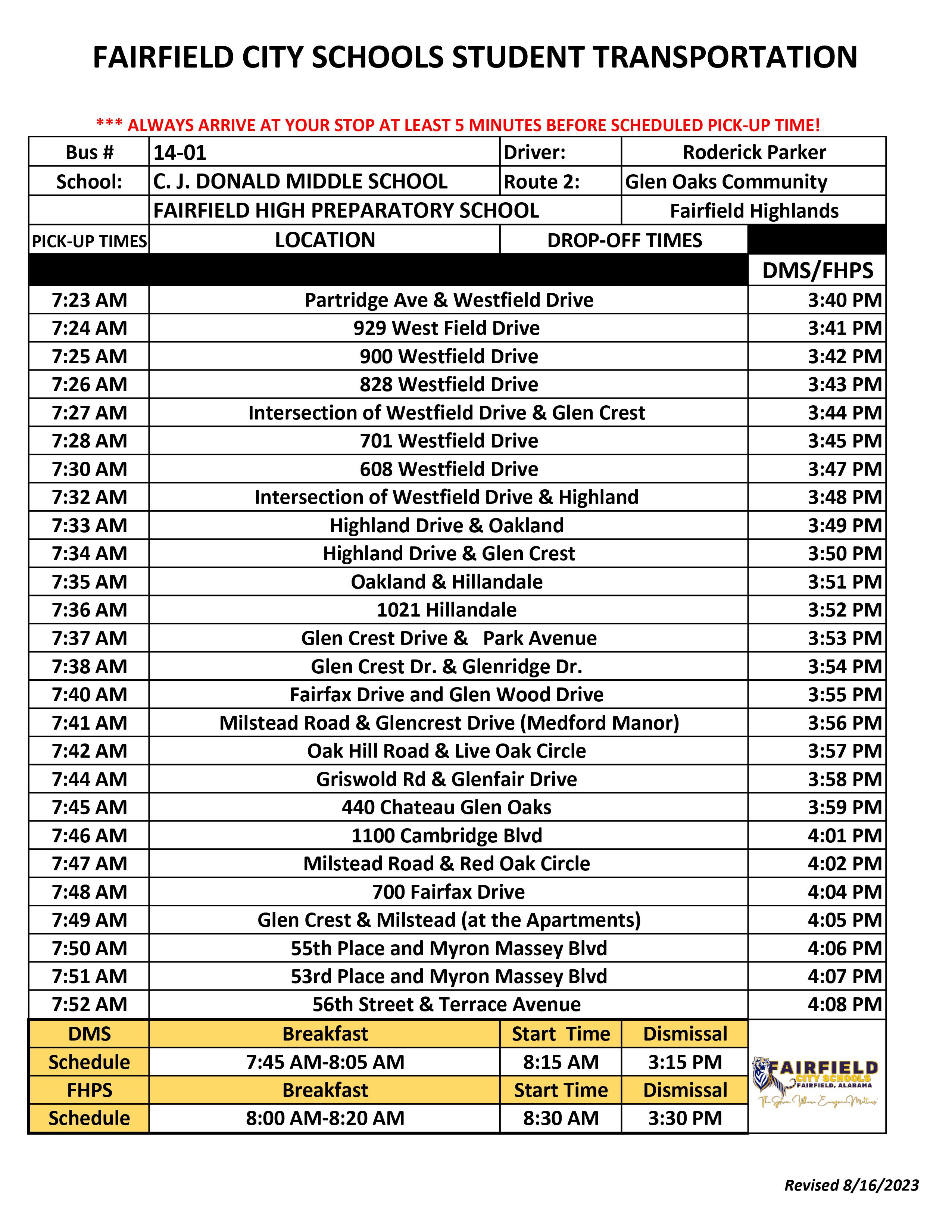 FHPS & CJ Donald Middle School Bus Routes