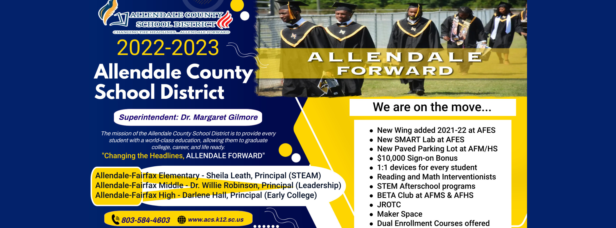 School district misssion, hcanging the headlines, allendale forward we are on the move new wing added new smart lab at afes new paved parking lot 10000 dollar sign-on bonus 1:1 devices for every student 