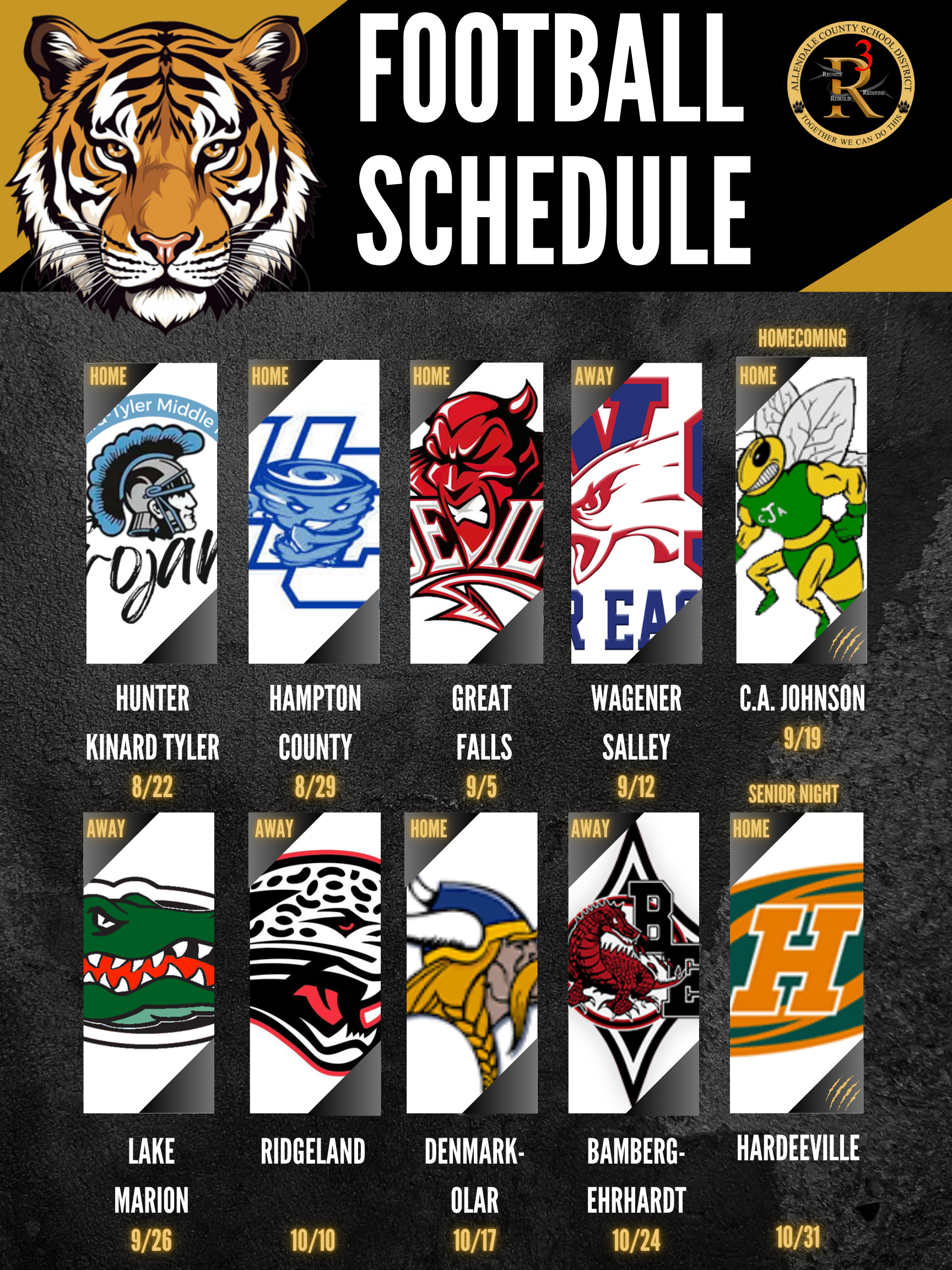 Allendale-Fairfax High School 24-25 Football Schedule Home 8/23 Week 0: HKT 8/30 Week I: Hampton County 9/6 Week 2: Great Falls 9/13 Week 3: Wagner-Salley 9/21 Week 4: CA Johnson 9/27 Week 5: Lake Marion (Homecoming) gaS 10/4 Week 6: Bye 10/II Week 7: Ridgeland 10/18 Week 8: Denmark-Olar 10/25 Week 9: Bamberg-Ehrhardt (Senior Night) 11/2 Week 10: Hardeeville