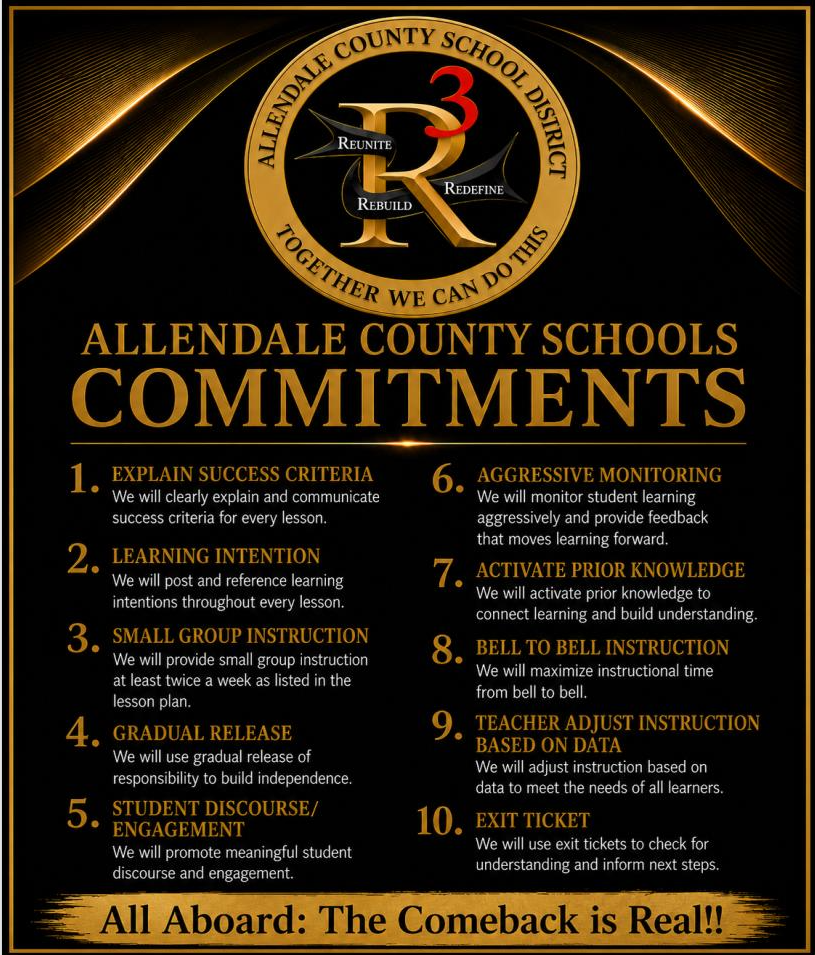 ALLENDALE COUNTY SCHOOLS COMMITMENTS 1. EXPLAIN SUCCESS CRITERIA We will clearly explain and communicate success criteria for every lesson.  6. AGGRESSIVE MONITORING We will monitor student learning aggressively and provide feedback that moves learning forward. 2. LEARNING INTENTION We will post and reference learning intentions throughout every lesson. 7. 4 ACTINATE PRIOR KNOWLEDGE We will activate prior knowledge to connect learning and build understanding. 3. SMALL GROUP INSTRUCTION We will provide small group instruction at least twice a week as listed in the lesson plan.  8. BELL TO BELL INSTRUCTION We will maximize instructional time from bell to bell. 4. GRADUAL RELEASE We will use gradual release of responsibility to build independence. 9.1 TEACHER ADJUST INSTRUCTION BASED ON DATA We will adjust instruction based on data to meet the needs of all learners. 5. STUDENT DISCOURSE/ ENGAGEMENT We will promote meaningful student discourse and engagement.  10. EXIT TICKET We will use exit tickets to check for understanding and inform next steps. All Aboard: The Comeback is Real!!