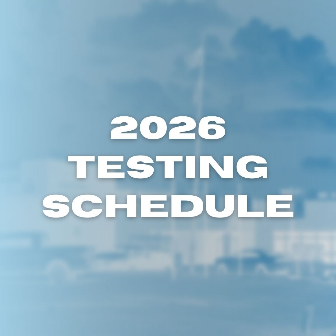 White text on a blue background reads "2026 TESTING SCHEDULE." Blurry urban scene in the background.