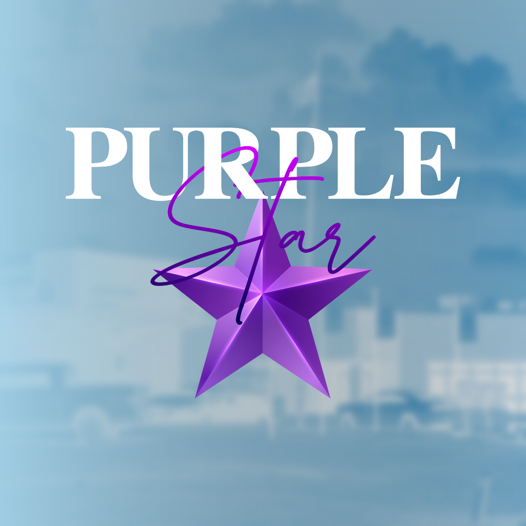 Purple text "PURPLE" with a purple star symbol in the middle. Background shows a blurred image of buildings and a sky.