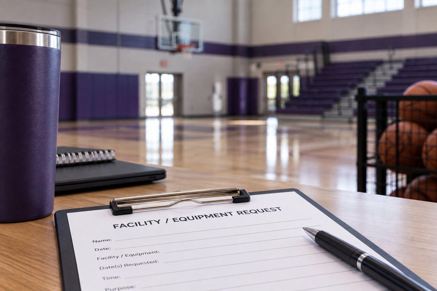 Gym with a clipboard showing facility/equipment request and some basketballs in the background