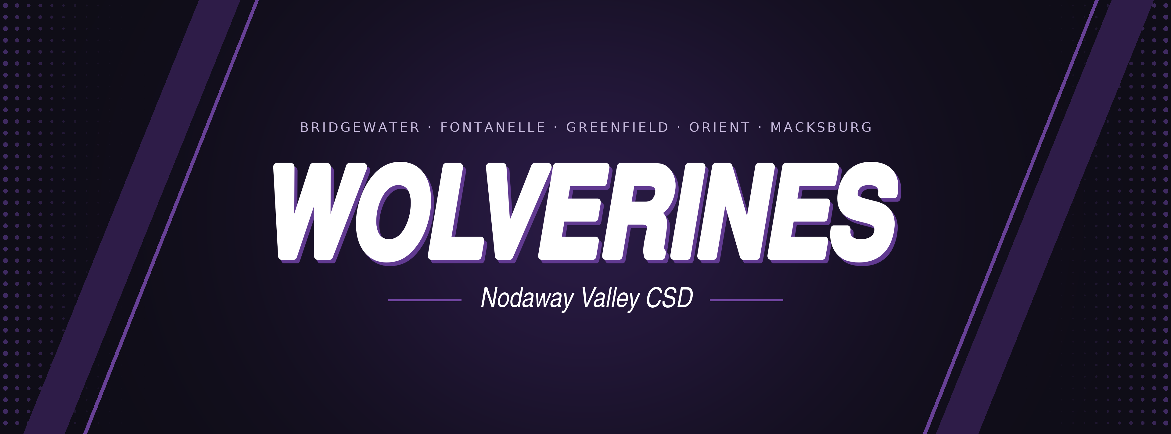  Nodaway Valley CSD Wolverines banner with a purple and black background, listing Bridgewater, Fontanelle, Greenfield, Orient, and Macksburg.