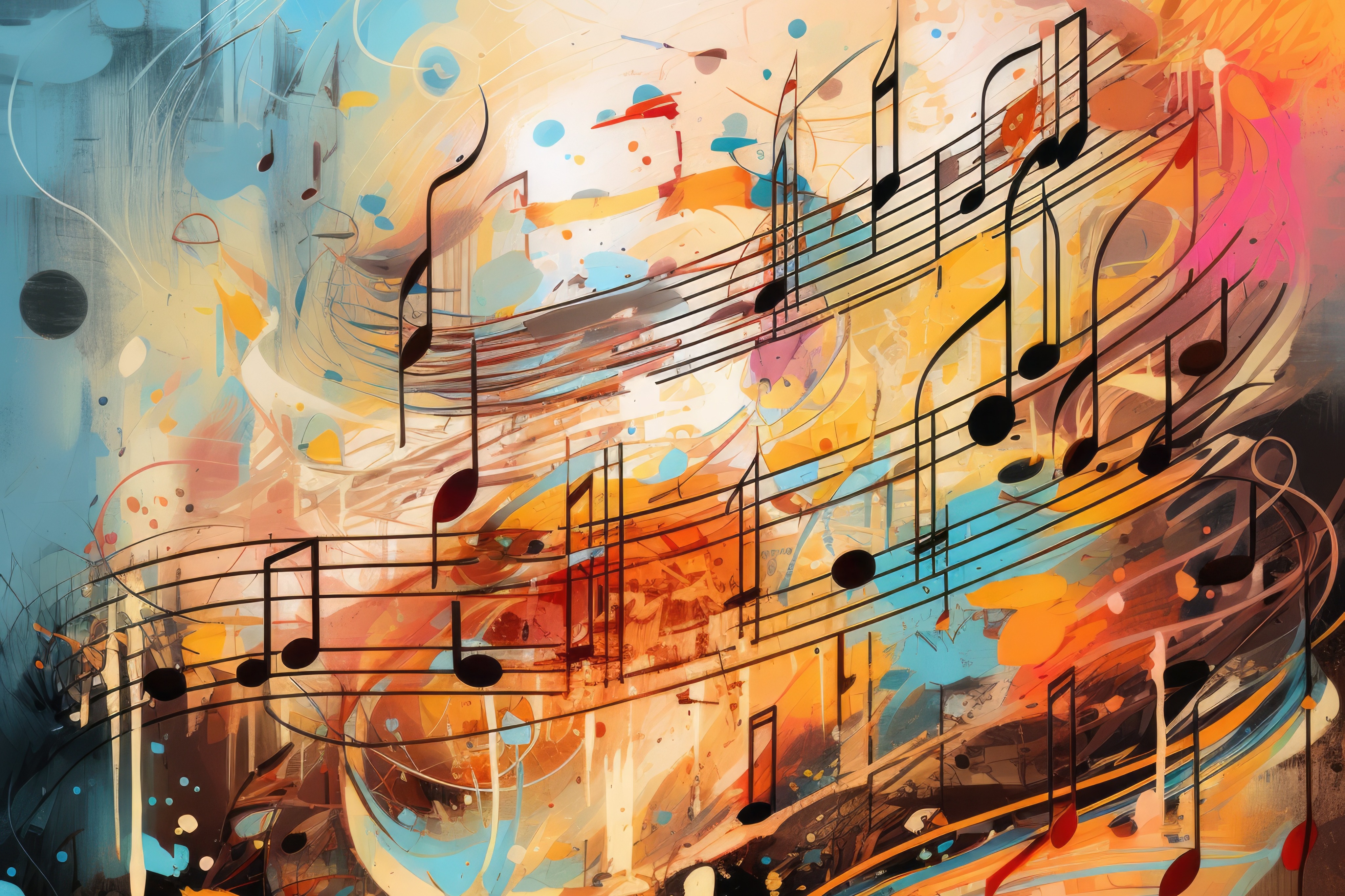 Abstract artwork with musical notes and splashes of color in blue, orange, and red.