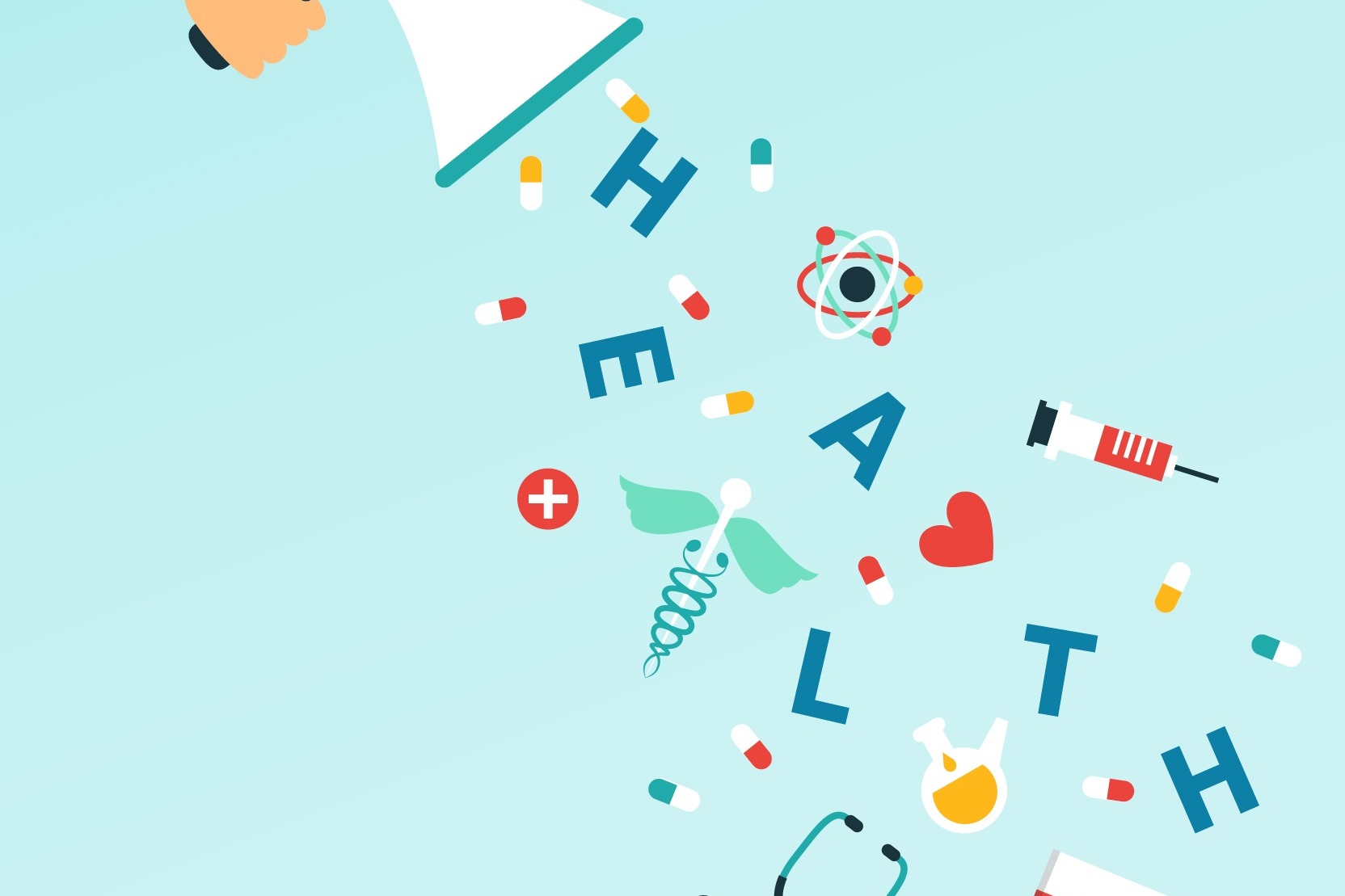 Hand holding megaphone above scattered health-related items forming the word "Health" on a light blue background.