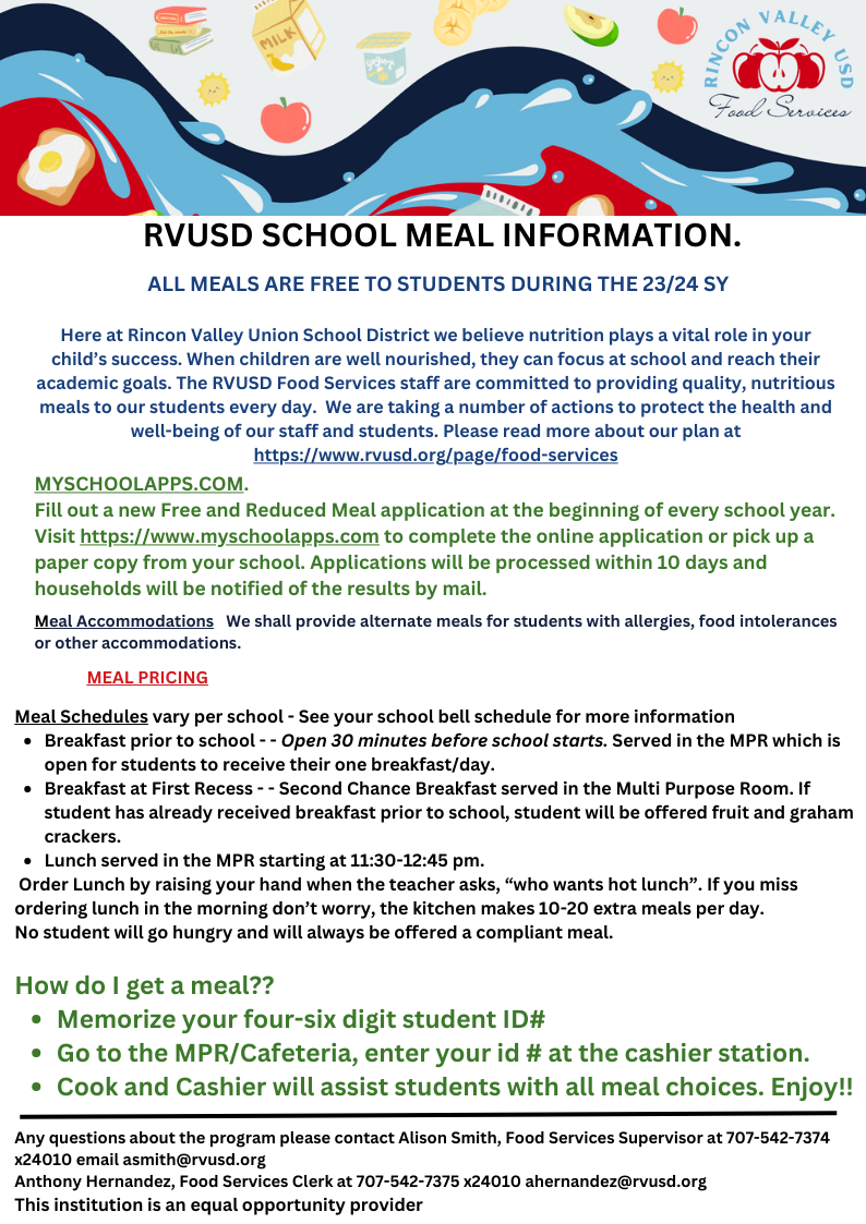 RVUSD food services 1st day packet meal information