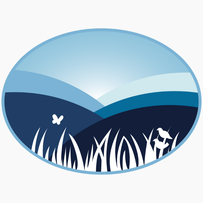 school district logo of blue hills with grass, birds, and butterfly