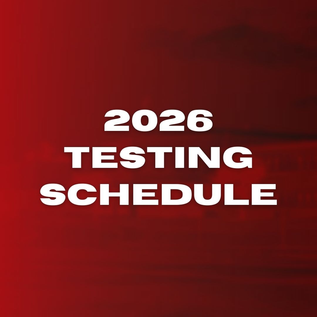 Red background with white text displaying "2026 TESTING SCHEDULE". No other objects or information.