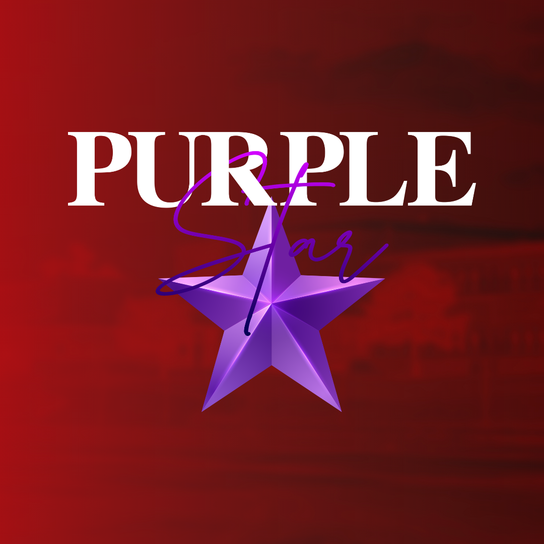 Logo with "Purple Star" written in white on a red background, featuring a purple star with a violet outline.