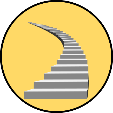 A 3D-rendered staircase with multiple steps, curved at the top, set against a bright yellow background.
